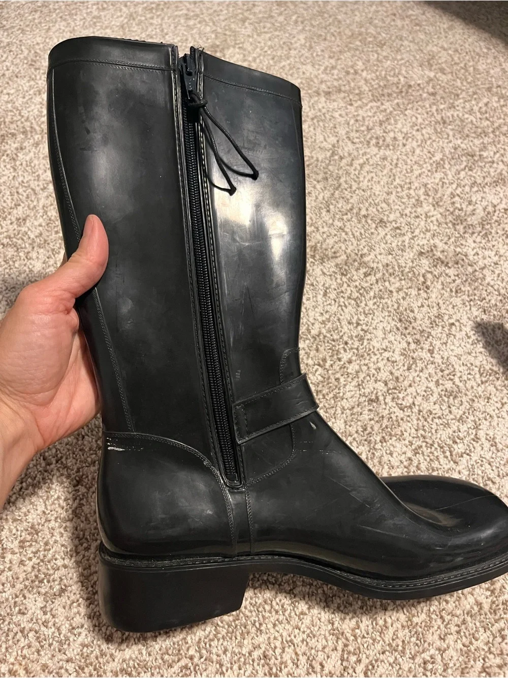 Donald J Pliner Black Rubber Knee High Buckle Rain Boots Italy Size 9